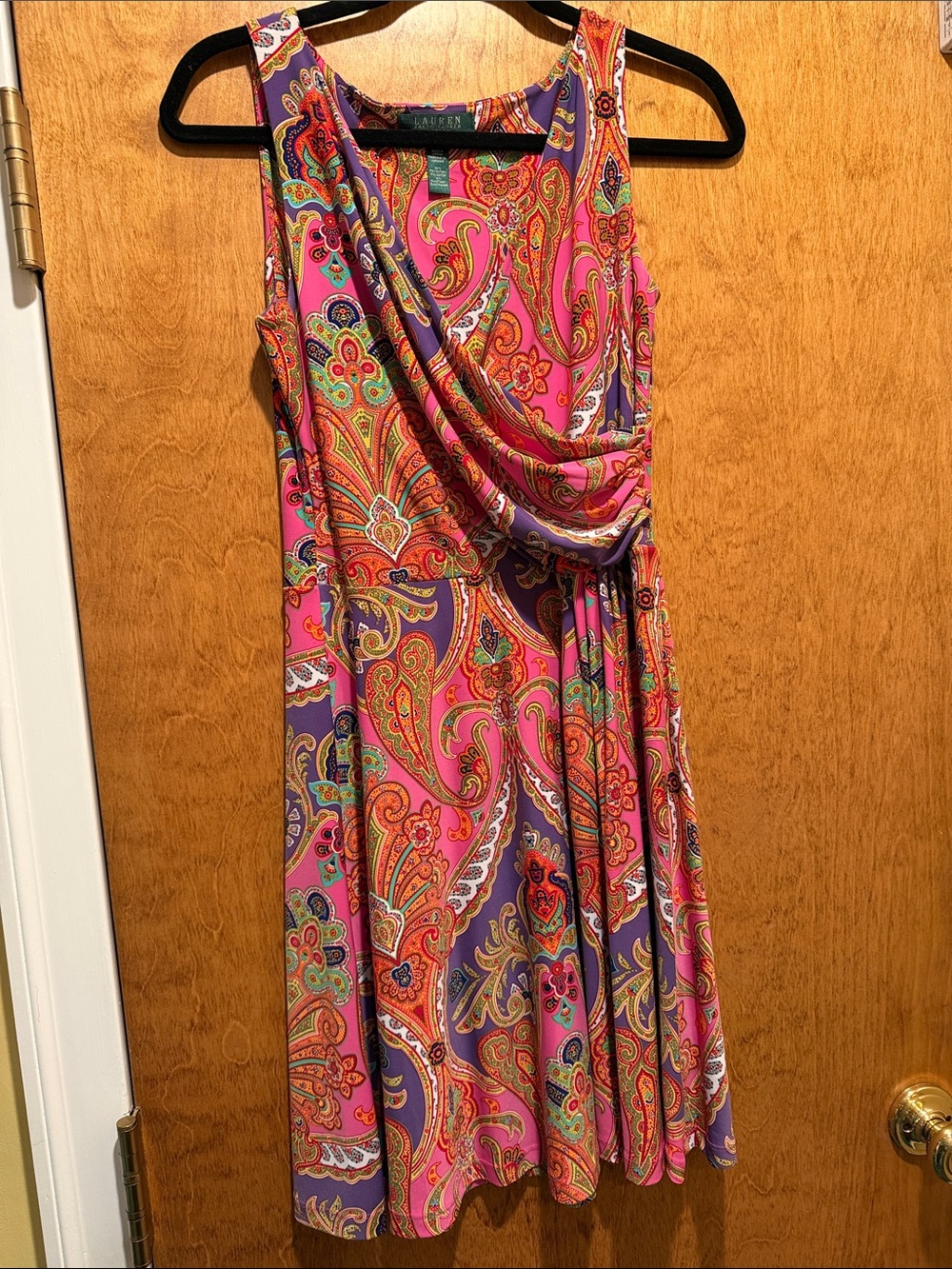 Lauren Ralph Lauren Pink and Purple Paisley Sleeveless Draped Dress